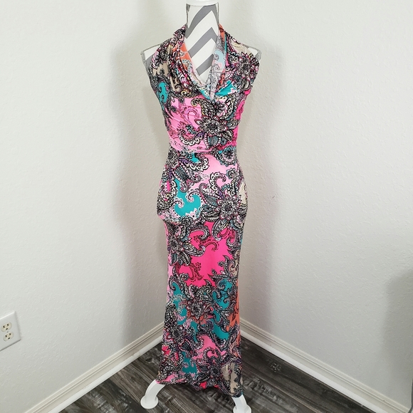 Dresses & Skirts - Multicolor Maxi Halter Dress Open Back Size Small